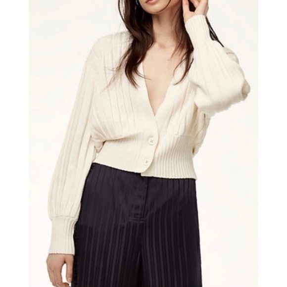 [Aritzia] Wilfred Thais Plunge Front Wool Cotton Crop Cardigan Oak - Picture 3 of 10